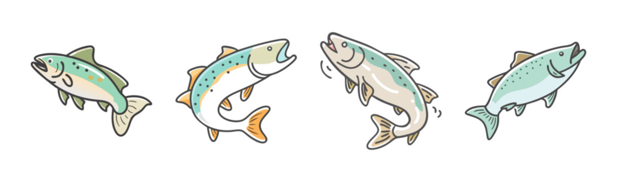 Hand drawn jumping salmon fish illustration set, 4 jumping trout icons in sketch style, organic seafood vector graphics for restaurant menus
