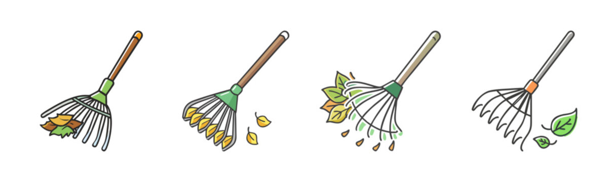 Garden rake icons set, autumn leaf cleaning tools in flat line style, collection of 4 garden rakes with fallen leaves for seasonal yard work