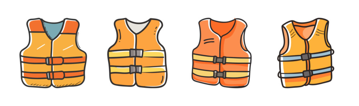 Orange life jacket icons set, colorful safety vest illustrations, nautical survival equipment collection, 4 hand drawn water rescue vests