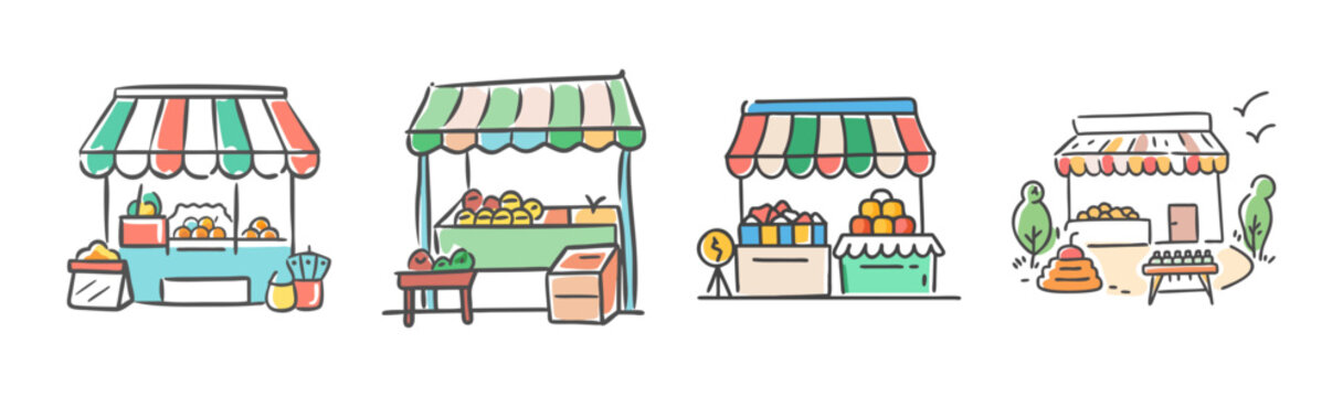 Hand drawn market stall collection, colorful street food vendor kiosks, set of 4 doodle style market booths with striped awnings