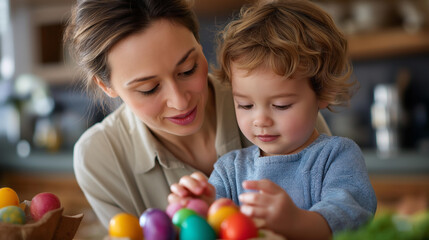 Fototapeta premium Mother teaching a young child how to decorate Easter eggs while sitting in a kitchen, family bonding and holiday tradition concept, defocused background, with copy space