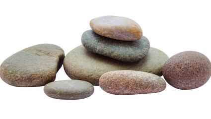 Fototapeta premium Smooth gray river stones stacked in a natural pyramid formation, isolated on transparent background for design elements and decorative accents