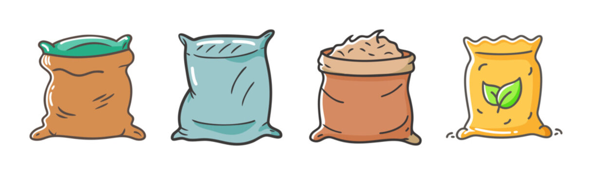 Hand drawn sack collection, 4 organic burlap bag icons, agricultural grain and seed sacks, cartoon fertilizer and soil bags for farming