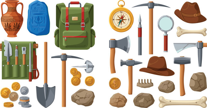 Adventure exploration equipment vector set with backpack tools compass coins hat and mining gear collection for travel camping treasure hunt design isolated on white