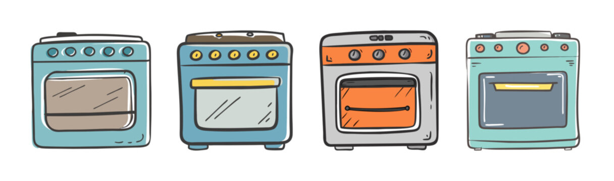 Retro hand drawn kitchen stove set, vintage gas oven range collection, colorful 4 kitchen appliances in doodle style, vector svg icons