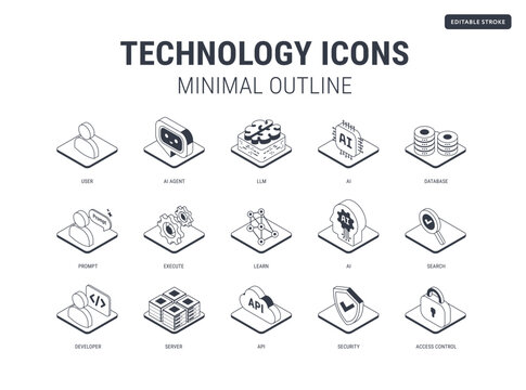 Outline Technology icons set for workflow diagram - Minimal line black and white - AI data, AI agent, machine learning, API cloud integration, server, database, security - isometric vector