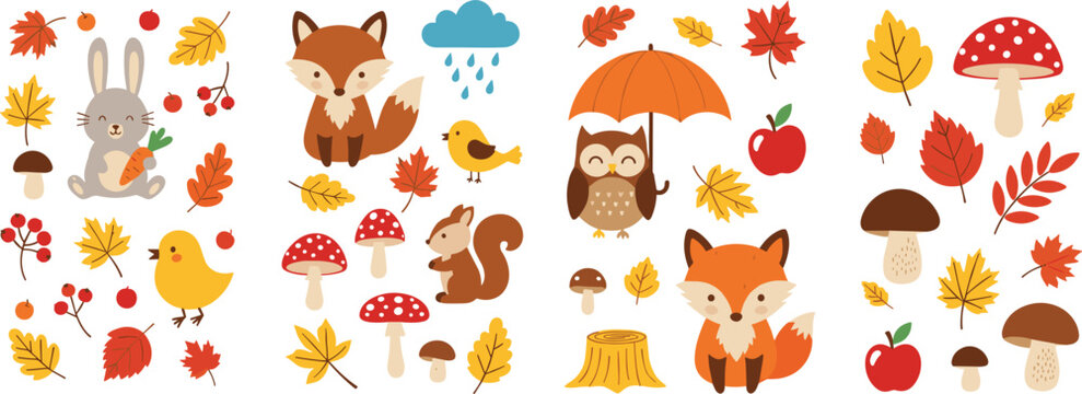 Autumn forest elements vector set with fox owl squirrel rabbit mushrooms leaves and fall season decorations collection for nature design isolated on white