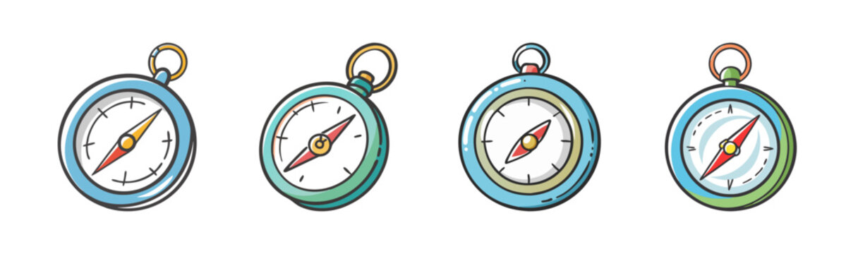 Set of four cartoon style pocket compasses for navigation and travel adventures