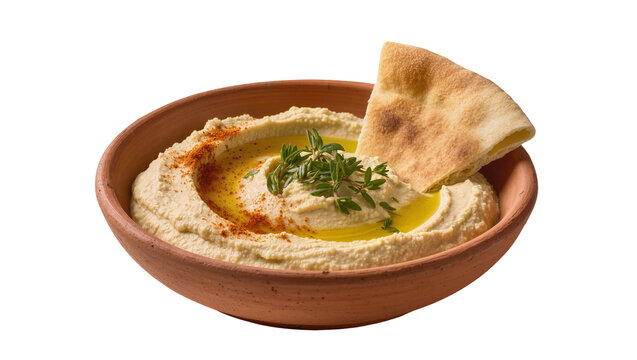 Rustic earthenware bowl filled with creamy hummus sprinkled with paprika and fresh thyme accompanied by warm pita bread, isolated on transparent background for menus