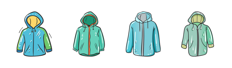 Hand-drawn raincoat collection, set of 4 waterproof hooded jackets in blue and green, doodle style rain gear icons for autumn weather © SulaimanIslam