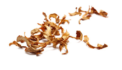 Fototapeta premium Dried, raw chanterelle mushroom pile, Cantharellus cibarius, isolated on white background, side view