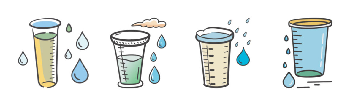Hand drawn rain gauge icons set, meteorological measuring cylinder collection, weather station equipment for rainfall monitoring, 4 svg elements