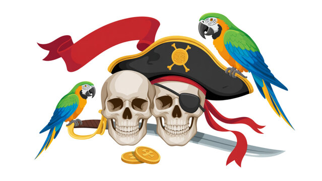 Vibrant tropical birds perched around a pirate-themed skull and crossed swords Vector