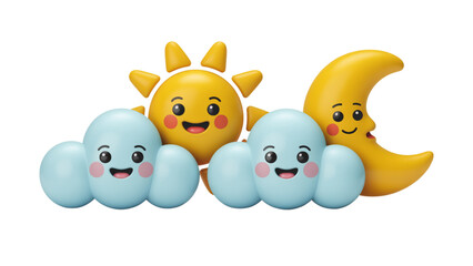 Fototapeta premium Three cheerful cartoon clouds with smiling faces and a crescent moon hugging them. Vector