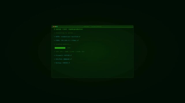Green terminal animation with code showing send status and progress bar, ideal for tech or business presentations