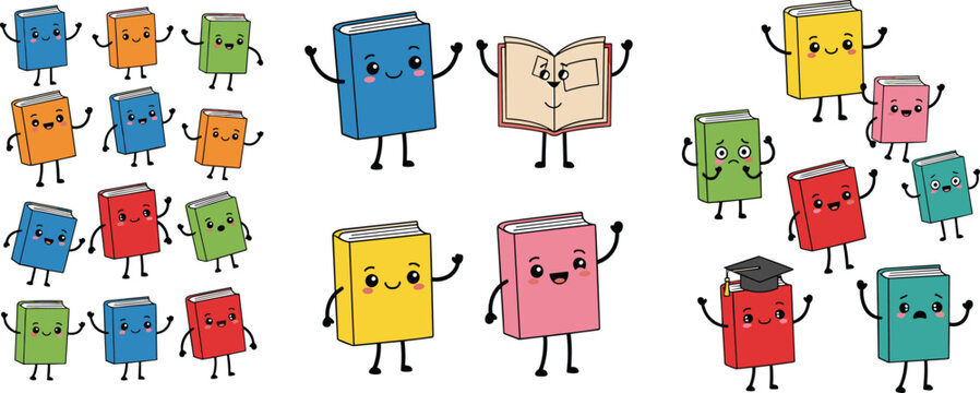Cute Book Characters Set with Emotions, Kawaii School Cartoon Collection