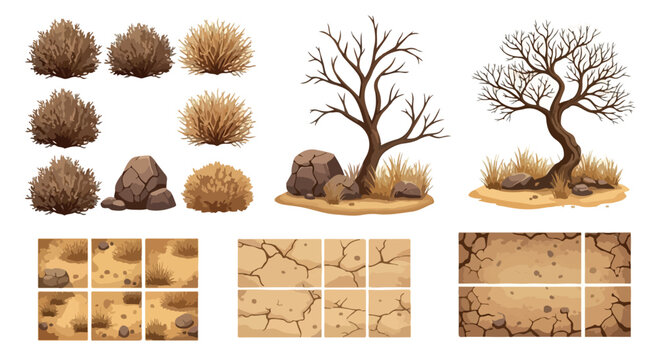 Arid desert landscape elements, dry leafless trees and bushes vector set, cracked earth ground textures for game design and environment illustration isolated PNG with Transparent Background