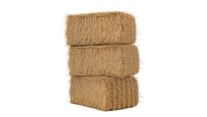 Stacked rectangular hay bales golden brown and textured forming a pyramid shape, isolated on transparent background for agricultural design © Julie