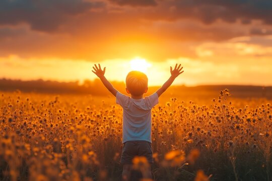 A young boy standing in a field of sunflowers with his arms outstretched at sunset