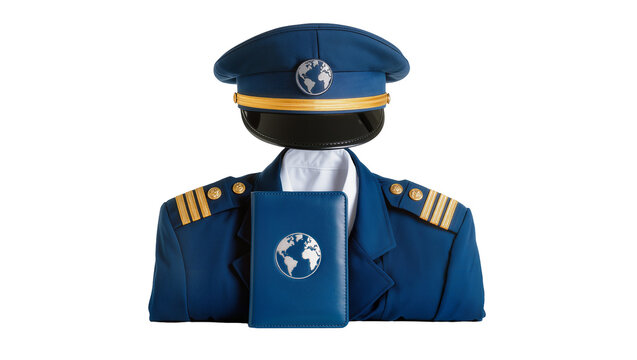Formal navy blue airline pilot uniform with gold epaulettes and a world globe emblem, isolated on transparent background for travel branding