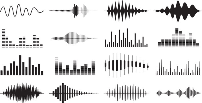 Audio waveform and sound signal visualization collection with equalizer music waves