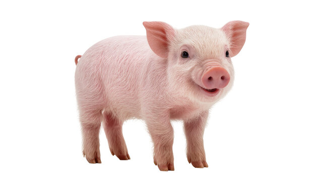 Adorable pink baby piglet with curly tail and floppy ears looking upwards with a curious expression, isolated on transparent background for farm themes