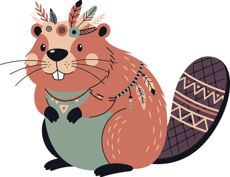Cartoon beaver with headdress and necklace.