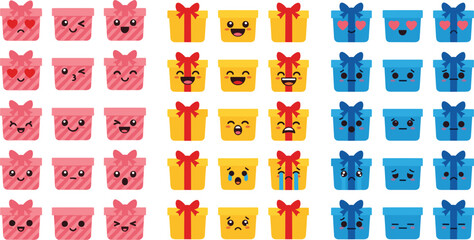 Obraz premium Cute Gift Box Characters Set with Emotions, Kawaii Present Cartoon Collection