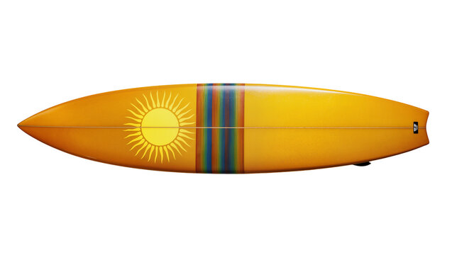 Vibrant yellow surfboard with stylized sunburst graphic and colorful stripes, isolated on transparent background for summer marketing campaigns