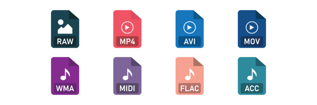 File extension icon set of digital media formats including raw vector illustration.