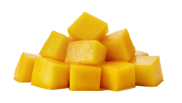 Bright golden chunks of ripe mango meticulously diced and piled high, isolated on transparent background for tropical fruit displays