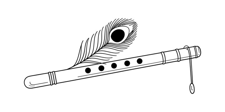 A simple black and white line drawing of a traditional indian bansuri flute with peacock feather Vector, illustration