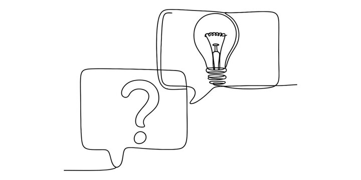 A single continuous line drawing showing a speech bubble with a question mark and a light bulb Vector, illustration