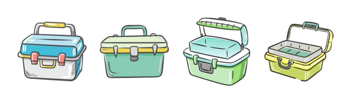 Cartoon fishing tackle box set, 4 colorful plastic storage containers for gear, portable tool box collection with handles and latches, outdoor equipment icons