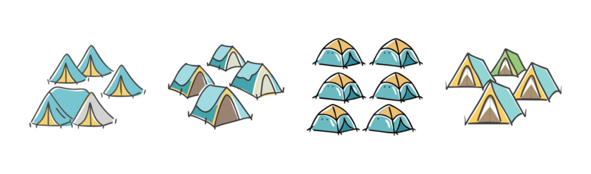 Camping tent icon set in hand drawn doodle style, blue and yellow outdoor shelter collection, 4 groups of campsite equipment svg