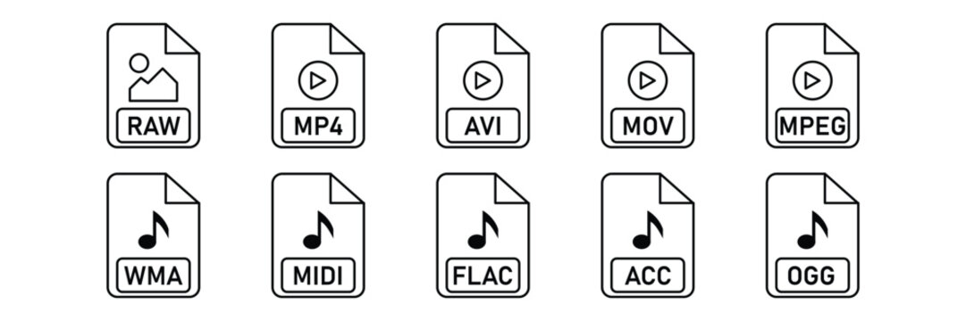 File extension icon set of outline digital media formats raw mp4  vector illustration.