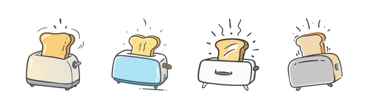 Hand drawn toaster icon set, 4 colorful kitchen appliance illustrations, cute doodle bread toasting vector graphics for breakfast design