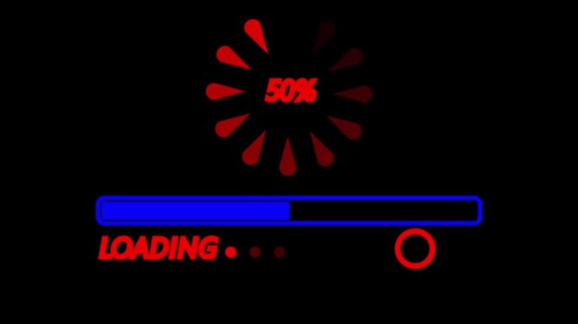 Red and blue loading bar with 100% spinner, concept of data processing