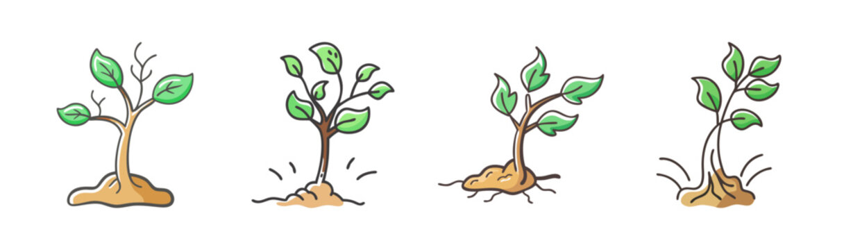 Hand drawn sapling tree icons, set of 4 green plant sprout illustrations, organic growth and gardening SVG elements for eco-friendly branding