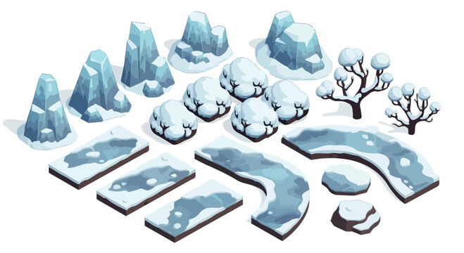 Isometric winter landscape kit, frozen ice mountains and snow covered trees vector set, arctic environment game assets for level design isolated PNG with Transparent Background