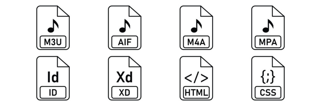 File extension icon set of outline audio and web development formats including m3u m4a  vector illustration.
