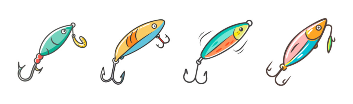 Colorful fishing lures set, hand drawn cartoon fishing bait icons, 4 vector spoon lures with sharp metal hooks for angling equipment
