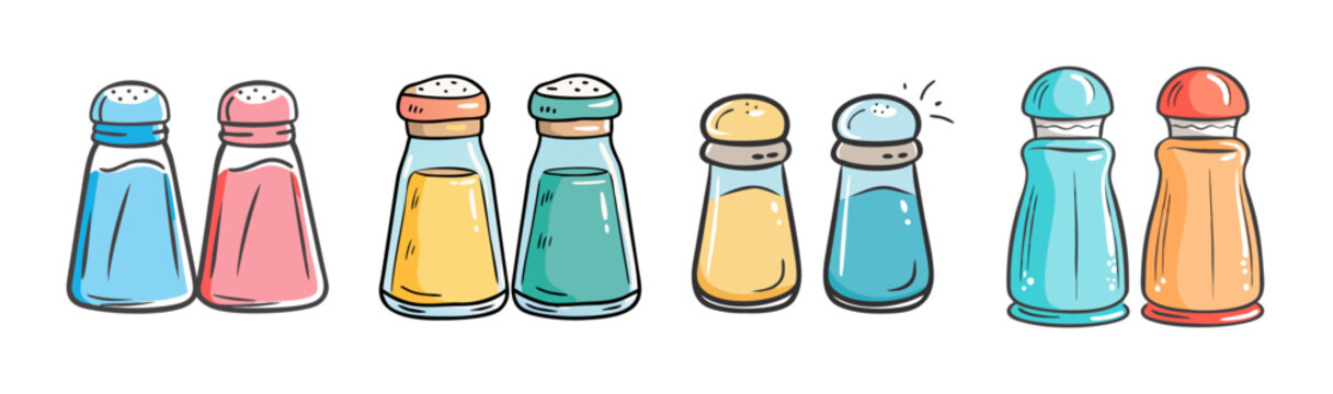 Hand drawn salt and pepper shakers set, colorful kitchen spice containers in doodle style, 4 pairs of glass condiment bottles for dining