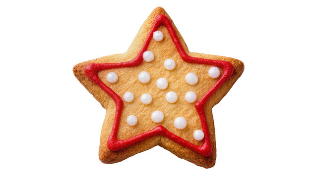 Festive star-shaped gingerbread cookie with red icing border white icing dots, isolated on transparent background for holiday designs and menus