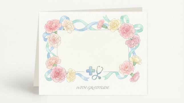 Nurse week gratitude floral frame pastel ribbon medical card stethoscope pink yellow blue green healthcare appreciation thank you delicate soft
