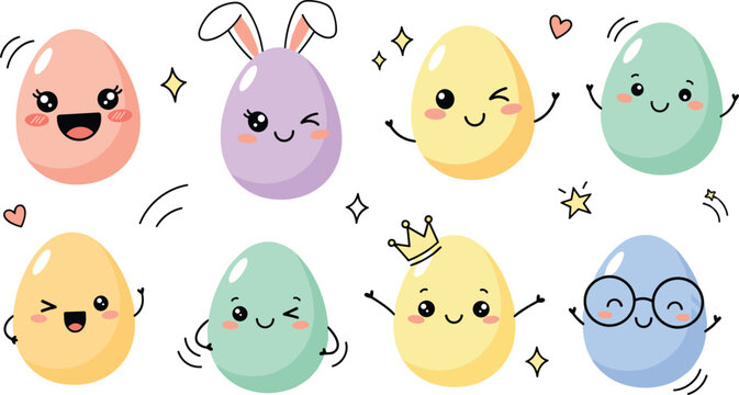 Cute Kawaii Easter Egg Character Set with Funny Faces, Bunny Ears, Crown, Glasses, and Pastel Cartoon Expressions