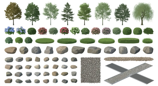 Landscape design vector elements, garden plants and trees collection, architectural site planning kit with rocks and shrubs isolated PNG with Transparent Background