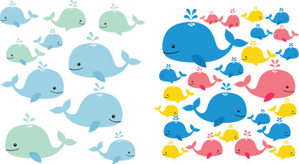 Fototapeta premium Cute whale cartoon characters vector set with colorful ocean animals and baby whales kawaii collection for kids design nursery illustration and marine themes