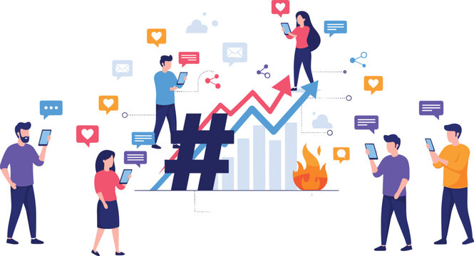 Social Media Marketing Illustration with Hashtag, Analytics Growth, User Engagement, Mobile Communication, and Viral Content Concept