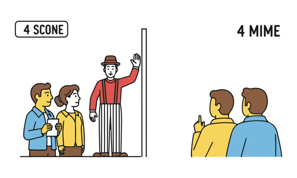 Conceptual Illustration of Homophone Pun '4 SCONE' vs '4 MIME' with Mime Artist and Audience